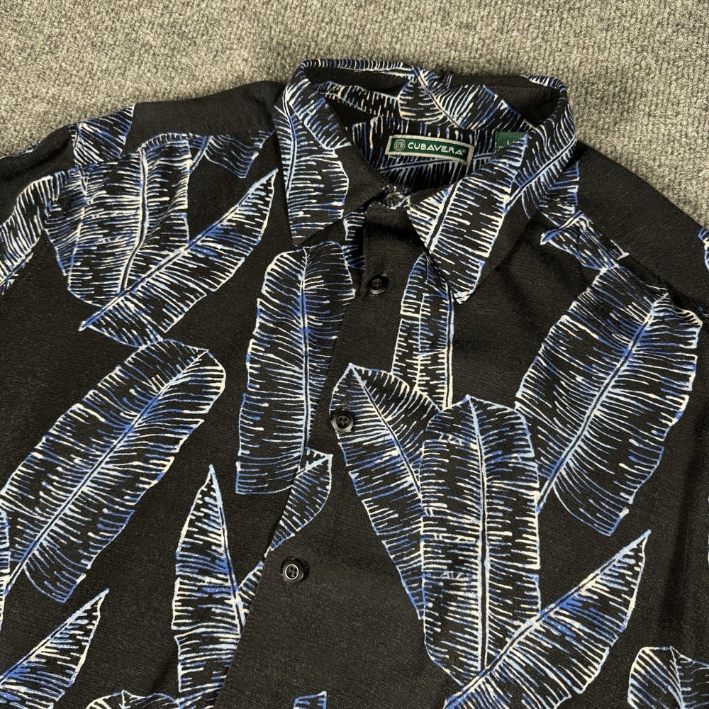 Cubavera Mens‎ Button Front Size L Hawaiian Shirt Blue Black Leaf Frond Pattern